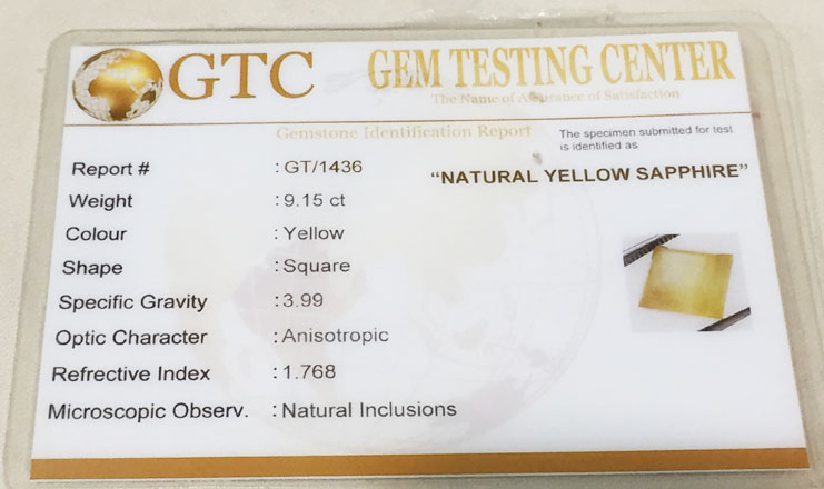 9.15 ct/10.25 ratti Natural Certified Bangkok Pukhraj/Yellow Sapphire